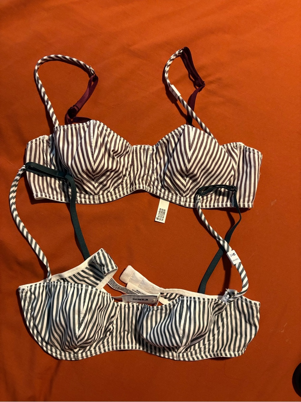 2 Victoria's Secret PINK Green/White and Maroon/White striped Underwire Bra